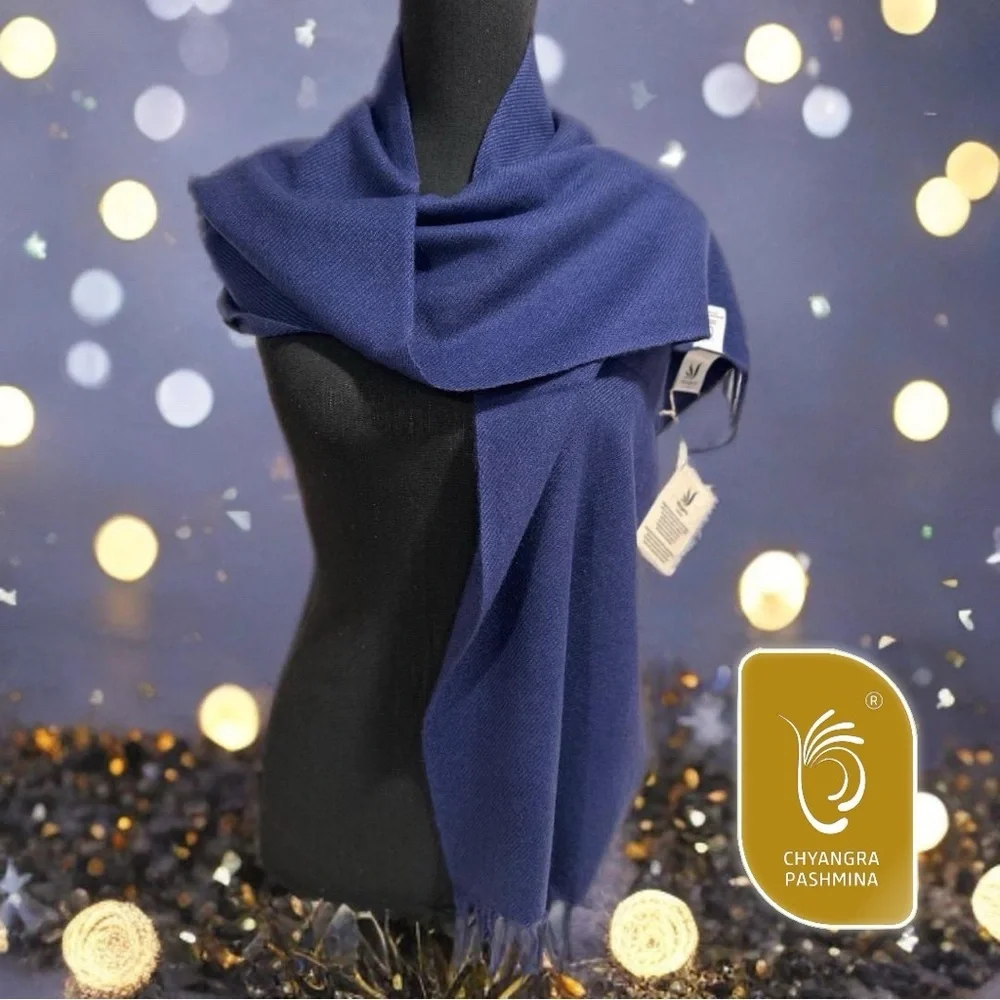 100% Pure 4-Ply ChyangraPashmina Cashmere Scarf Handmade Nepal COA NWT ROYALBLUE